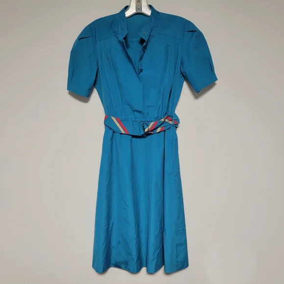Vintage Dresses | Vintage Belted Shirt Dress Teal Blue Pleated Knee Length 70s 80s S | Color: Blue | Size: S | Dovineastyleia's Closet